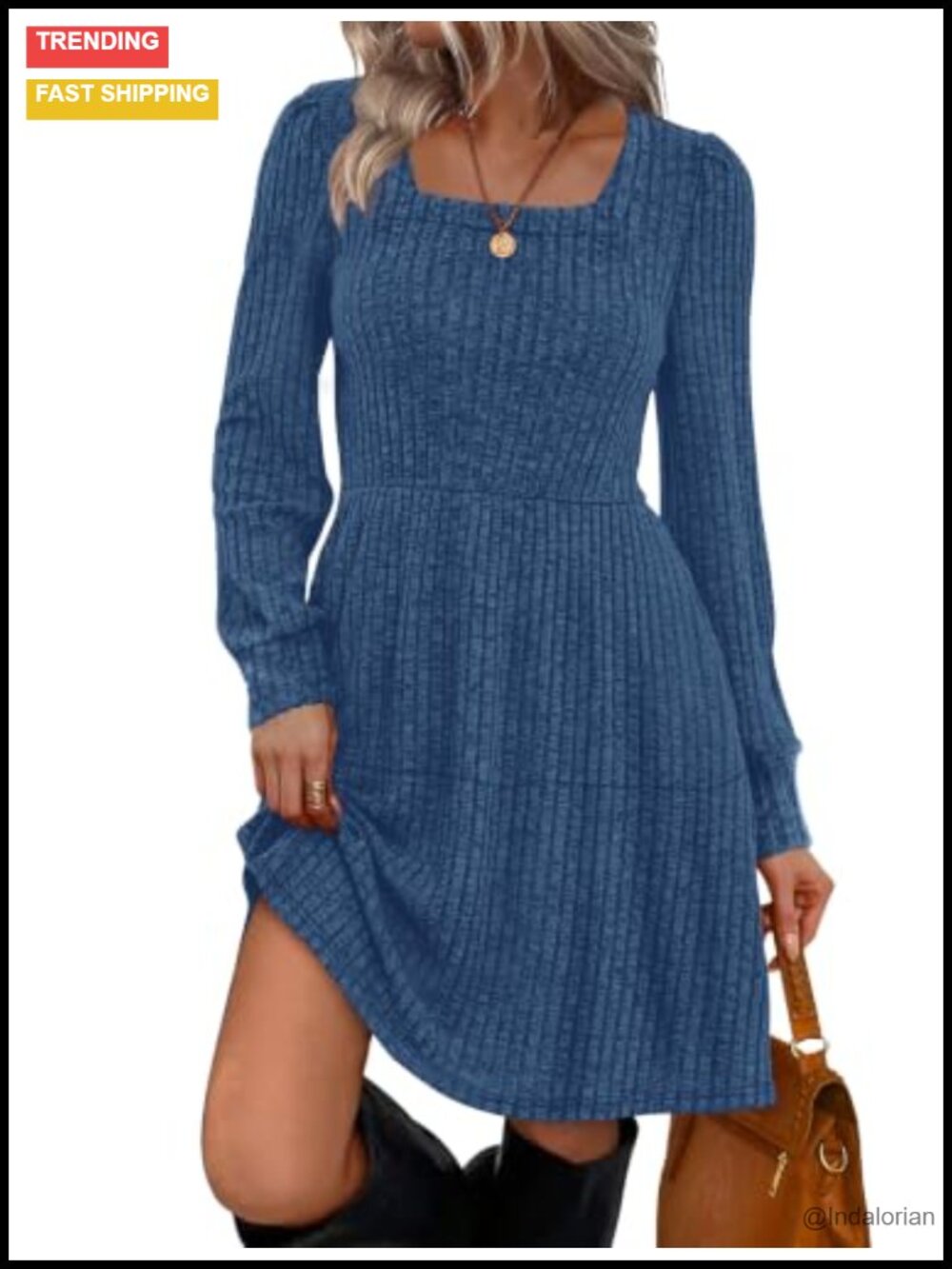 Square Neck Babydoll Sweater Dress Long Sleeve Casual Tunic